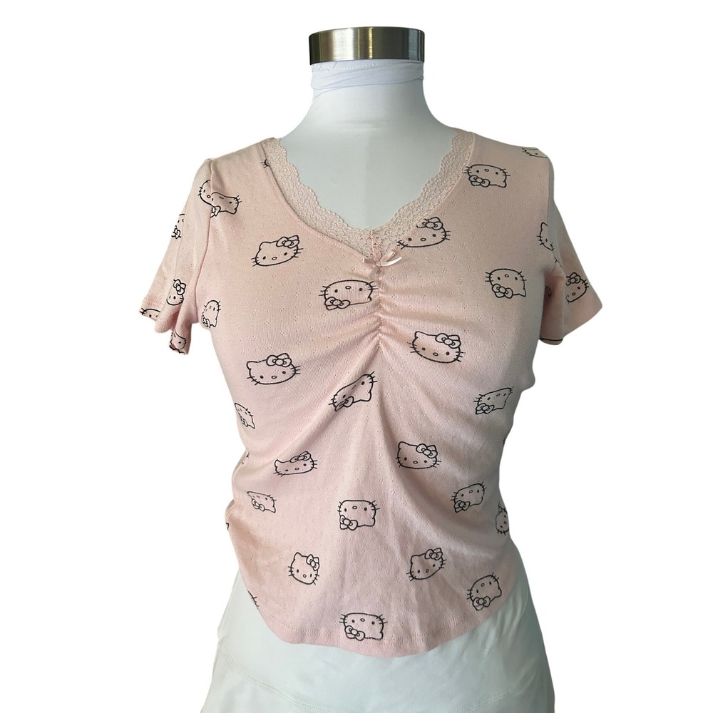Hello Kitty Sanrio Pink Pointelle Lace Trim V-Neck Cinched Top Small SIL-34452